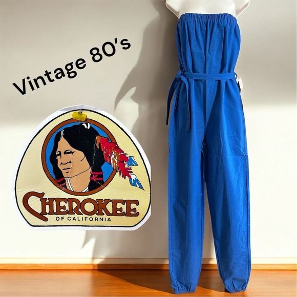 Vintage 80s Cherokee of California Women's Cobalt Blue Strapless Cotton Jumpsuit - Picture 1 of 8